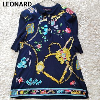 LEONARD - 美品 レオナール ポロシャツ 袖リブ 花柄 ロゴボタン 半袖 ネイビー L