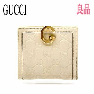 Gucci - GUCCI グッチ 二つ折り財布 レザー Gロゴ アイボリー系×ゴールド シマ