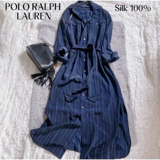 ポロラルフローレン(POLO RALPH LAUREN)の【ポロラルフローレン】美品✨シルク100% シャツワンピース ロング ネイビー(ロングワンピース/マキシワンピース)