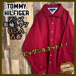 トミーヒルフィガー(TOMMY HILFIGER)のトミーヒルフィガー 刺繍 ロゴ 長袖 シャツ レッド メンズ XXL USA古着(シャツ)