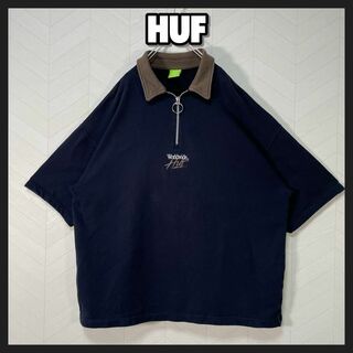 ハフ(HUF)のHUF ハーフジップ 半袖 スウェット ポロシャツ センターロゴ 刺繍 XL 紺(ポロシャツ)