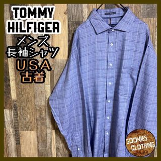 トミーヒルフィガー(TOMMY HILFIGER)のトミーヒルフィガー 刺繍 ロゴ ブルー チェック 長袖 シャツ USA古着(シャツ)