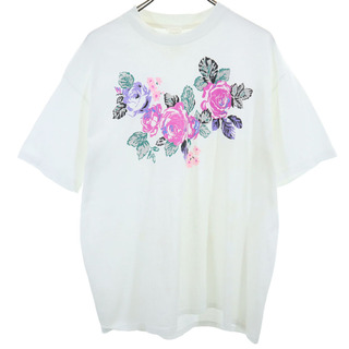 オールド 90s バラ柄 半袖 Tシャツ L ホワイト OLD 薔薇 花 レディース(Tシャツ(半袖/袖なし))