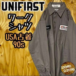 USA古着 90s ワークシャツ グレー ワッペン 長袖 シャツ 企業ロゴ(シャツ)