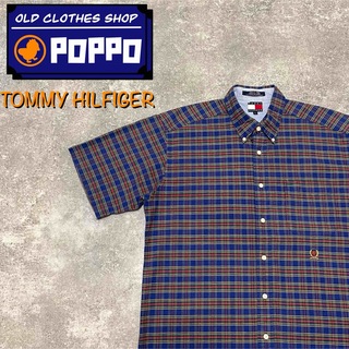 TOMMY HILFIGER - トミーヒルフィガー☆オールド刺繍ロゴ半袖ブルーチェックシャツ 90s