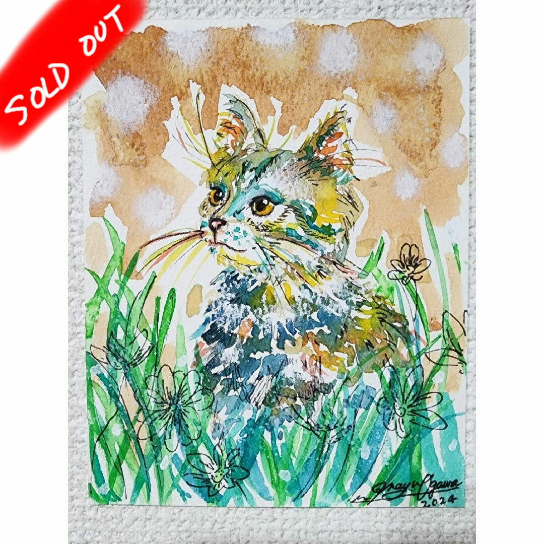 799*お待たせ〜 水彩画原画 猫の絵 風景画 感慨深い 799*お待たせ〜 水彩画原画 猫の絵 風景画 感慨深い