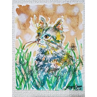 水彩画　猫の絵　猫　海の絵　風景画　絵画　動物画