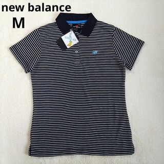ニューバランス(New Balance)のタグ付　未着用　ニューバランス ボーダー　ポロシャツ　M　レディース　ネイビー(ポロシャツ)