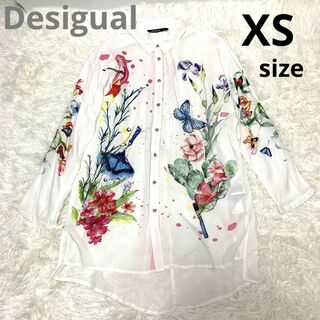 DESIGUAL - Desigual 花柄 ボタニカル柄 シアー 長袖 シャツ XSサイズ