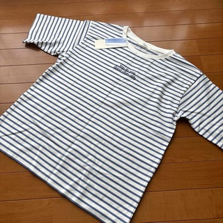 サマンサモスモス(SM2)のSamansa Mos2 blue 刺繍ロゴ ボーダー Tシャツ(Tシャツ(半袖/袖なし))