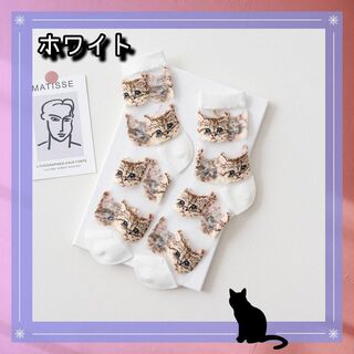 猫 ねこ 柄 シースルー ソックス ホワイト レディース 単品 靴下 透け感(ソックス)