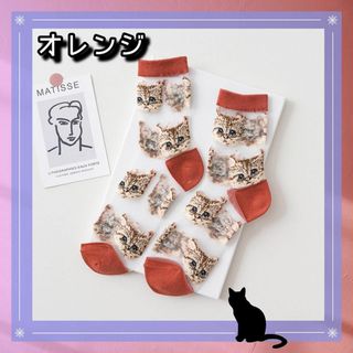 猫 ねこ 柄 シースルー ソックス オレンジ レディース 単品 靴下 透け感(ソックス)