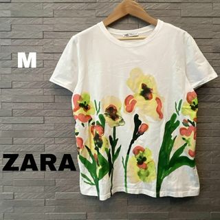 ザラ(ZARA)のザラ　ZARA 花柄 半袖Tシャツ   Mサイズ 半袖 トップス 白　フェミニン(Tシャツ(半袖/袖なし))