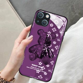 新カラー　iPhone15 14　携帯ケース　強化ガラス　高級感クマ　鮮やかな紫(iPhoneケース)