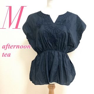 アフタヌーンティー(AfternoonTea)のアフタヌーンティー　ブラウス　M　ブラック　刺繍　ペプラム　綿100%(シャツ/ブラウス(半袖/袖なし))