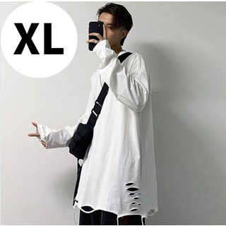 【大人気商品♪】メンズ　長袖Tシャツ　XL　ホワイト　白　ダメージ加工(Tシャツ/カットソー(七分/長袖))
