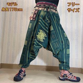 【新品】 タイパンツ サルエルパンツ アラジンパンツ 緑色 民族柄 (サルエルパンツ)