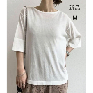 リエディ(Re:EDIT)のリネンタッチ5分袖シアーニットトップス　ホワイト　M(Tシャツ(半袖/袖なし))