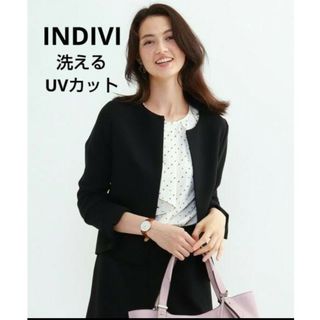 インディヴィ(INDIVI)のINDIVI インディヴィUVカット/ 洗える ストレッチノーカラージャケット(テーラードジャケット)