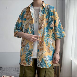 メンズシャツ　XL イエロー　総柄　ボタニカル柄　オーバーサイズ　半袖　夏服(シャツ)