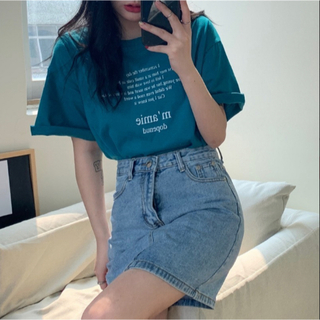 レディースTシャツ　グリーン　半袖　ロゴ　オーバーサイズ　韓国(Tシャツ(半袖/袖なし))