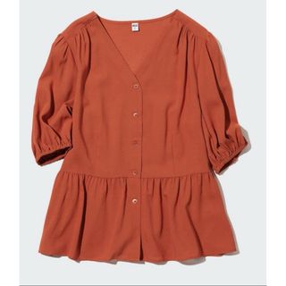 ユニクロ(UNIQLO)のユニクロ　Vネック ボリュームスリーブブラウス　オレンジ　M ペプラム　M(シャツ/ブラウス(半袖/袖なし))