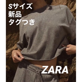 ザラ(ZARA)の【完売品】ZARA グリッターテキスト クロップドTシャツ S 新品　グレー(Tシャツ(半袖/袖なし))