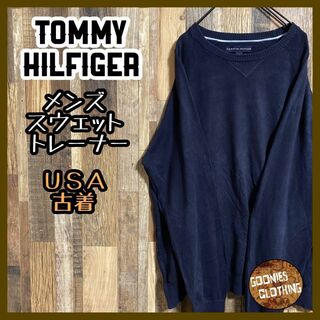 トミーヒルフィガー(TOMMY HILFIGER)のトミーヒルフィガー メンズ スウェット トレーナー ネイビー 無地 ロゴ 古着(スウェット)
