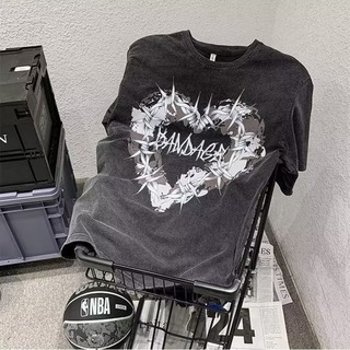 Tシャツ ストリート ピグメントプリント 棘 ハート オーバーサイズ 黒 XL(Tシャツ/カットソー(半袖/袖なし))