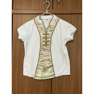 神戸　中華街で購入　チャイナTシャツ　中華ブラウス　白　ホワイト　Lサイズ(Tシャツ(半袖/袖なし))