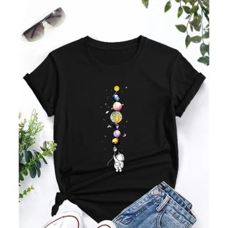 地球　惑星　プリント　Tシャツ ラウンドネック ブラック(Tシャツ(半袖/袖なし))