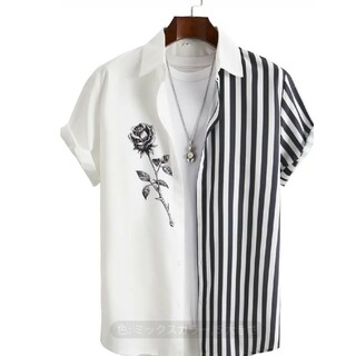 アニメローズプリントメンズファッションストライプ半袖ボタンダウンシャツ