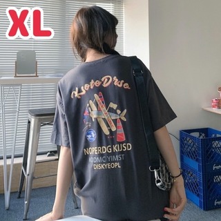 【まとめ割あり】レトロ プリント Tシャツ グレー XL 男女兼用 カジュアル(Tシャツ(半袖/袖なし))