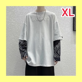 Tシャツ 白 XL 長袖 ゆったり 重ね着風 メンズ(Tシャツ/カットソー(七分/長袖))