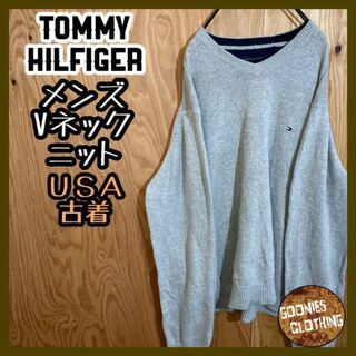 トミーヒルフィガー Vネック ニット セーター USA古着 90s ロゴ グレー(ニット/セーター)