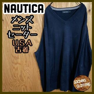 ノーティカ(NAUTICA)のノーティカ Vネック ネイビー ロゴ セーター USA古着 90s ニット 紺(ニット/セーター)