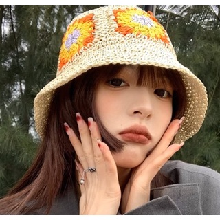 【数量限定】帽子　　韓国　カジュアル　レディース　ベージュ　人気　刺繍　オレンジ(麦わら帽子/ストローハット)