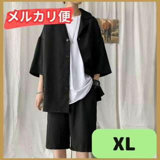 XL セットアップ ２点セット ファッションストリート系 ショーツ メンズ　黒(Tシャツ/カットソー(半袖/袖なし))