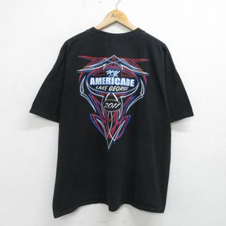 XL★古着 半袖 Tシャツ メンズ トライバル柄 AMERICADE LAKE GEORGE 大きいサイズ コットン クルーネック 黒 ブラック 24jun01 中古(Tシャツ/カットソー(半袖/袖なし))