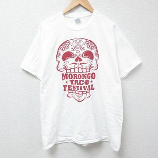 XL★古着 半袖 Tシャツ メンズ スカル コットン クルーネック 白 ホワイト 24jun01 中古(Tシャツ/カットソー(半袖/袖なし))