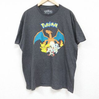 XL★古着 半袖 Tシャツ メンズ アニメ ニンテンドー ポケモン ポケットモンスター ピカチュウ クルーネック 濃グレー 霜降り 24jun01 中古(Tシャツ/カットソー(半袖/袖なし))