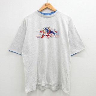 XL★古着 BELTON 半袖 ビンテージ Tシャツ メンズ 90年代 90s 馬 刺繍 大きいサイズ コットン クルーネック USA製 薄グレー 霜降り他 24jun01 中古(Tシャツ/カットソー(半袖/袖なし))