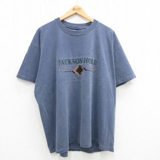 XL★古着 半袖 ビンテージ Tシャツ メンズ 90年代 90s ジャクソンホール 刺繍 大きいサイズ コットン クルーネック USA製 紺 ネイビー 霜降り 24jun01 中古(Tシャツ/カットソー(半袖/袖なし))