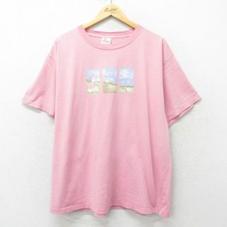 ディズニー(Disney)のXL★古着 半袖 ビンテージ Tシャツ メンズ 90年代 90s ディズニー DISNEY くまのプーさん ピグレット 大きいサイズ コットン クルーネック USA製 ピンク 24jun01 中古(Tシャツ/カットソー(半袖/袖なし))