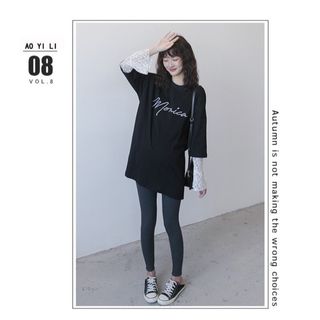 【レイヤード風】レース 黒 レディース L  春 長袖 トップス カットソー(Tシャツ(半袖/袖なし))