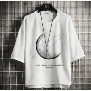 【人気商品】七分丈　トップス　ホワイト　ムーン　月　ＸＬ　シンプル(Tシャツ/カットソー(七分/長袖))