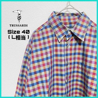 Trussardi - トラサルディ 長袖シャツ 古着 L 刺繍ロゴ チェック マルチカラーa19