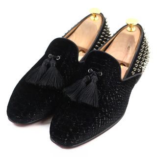 クリスチャンルブタン(Christian Louboutin)の【ドンドン見直し】美品○Christian Louboutin クリスチャンルブタン 3180639 TASSILITO FLAT VELVET KAA/VV/GG スパイクスタッズ タッセル付き グリッター 異素材切替 オペラシューズ/ローファー/スリッポン ブラック系 41.5 箱・保存袋付き イタリア製 メンズ(スリッポン/モカシン)