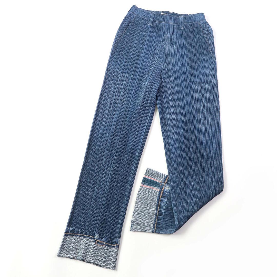 極美品☆PLEATS PLEASE プリーツプリーズ イッセイミヤケ PP12-JF254 デニム転写 ボトムス ワイドパンツ ブルー 3 日本製 正規品 レディース