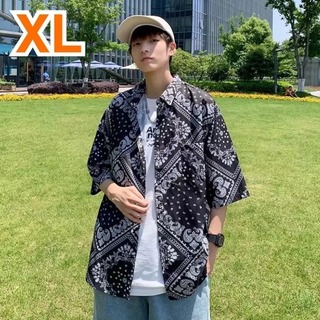 【人気商品】ペイズリー シャツ XL ブラック 男女兼用 トップス 半袖 韓国(シャツ)